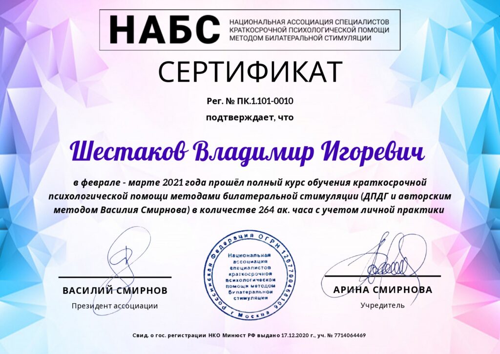Диплом ДПДГ семейного психолога Владимира Шестакова